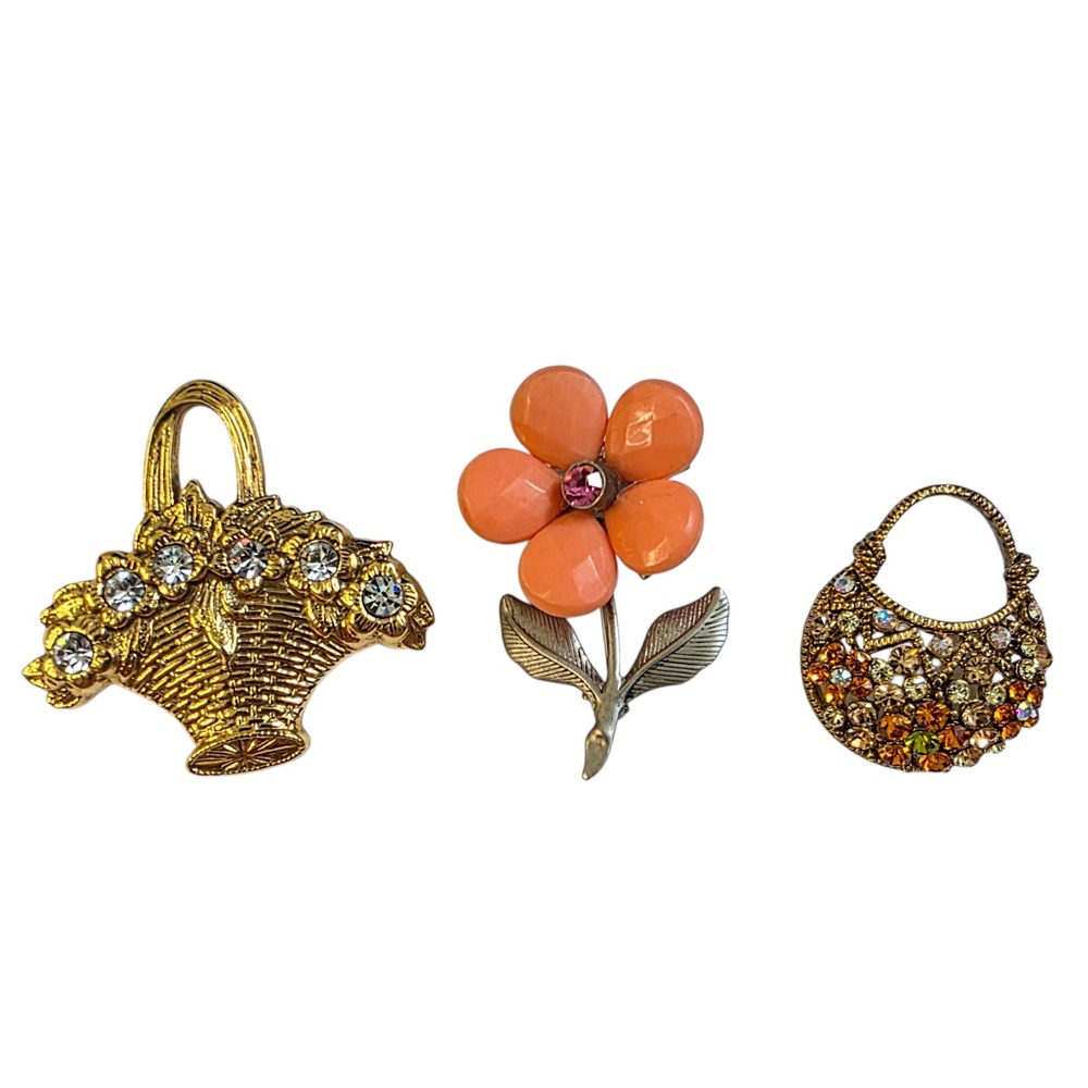 Vintage Brooch Flower Basket Lot Lucite Flower Rhinestone Purse Pins Cottagecore